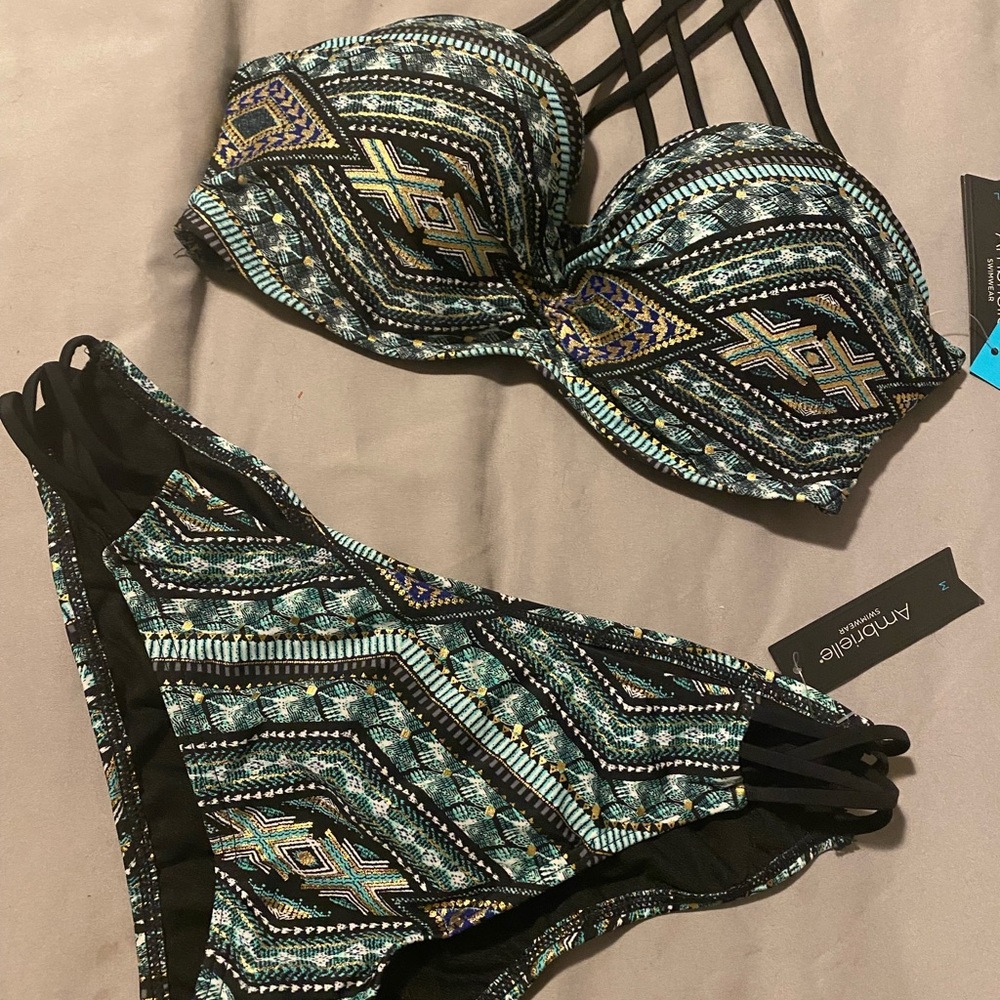 Ambrielle Strappy Neck Bandeau Bikini Top Teal Med Botto Large Top